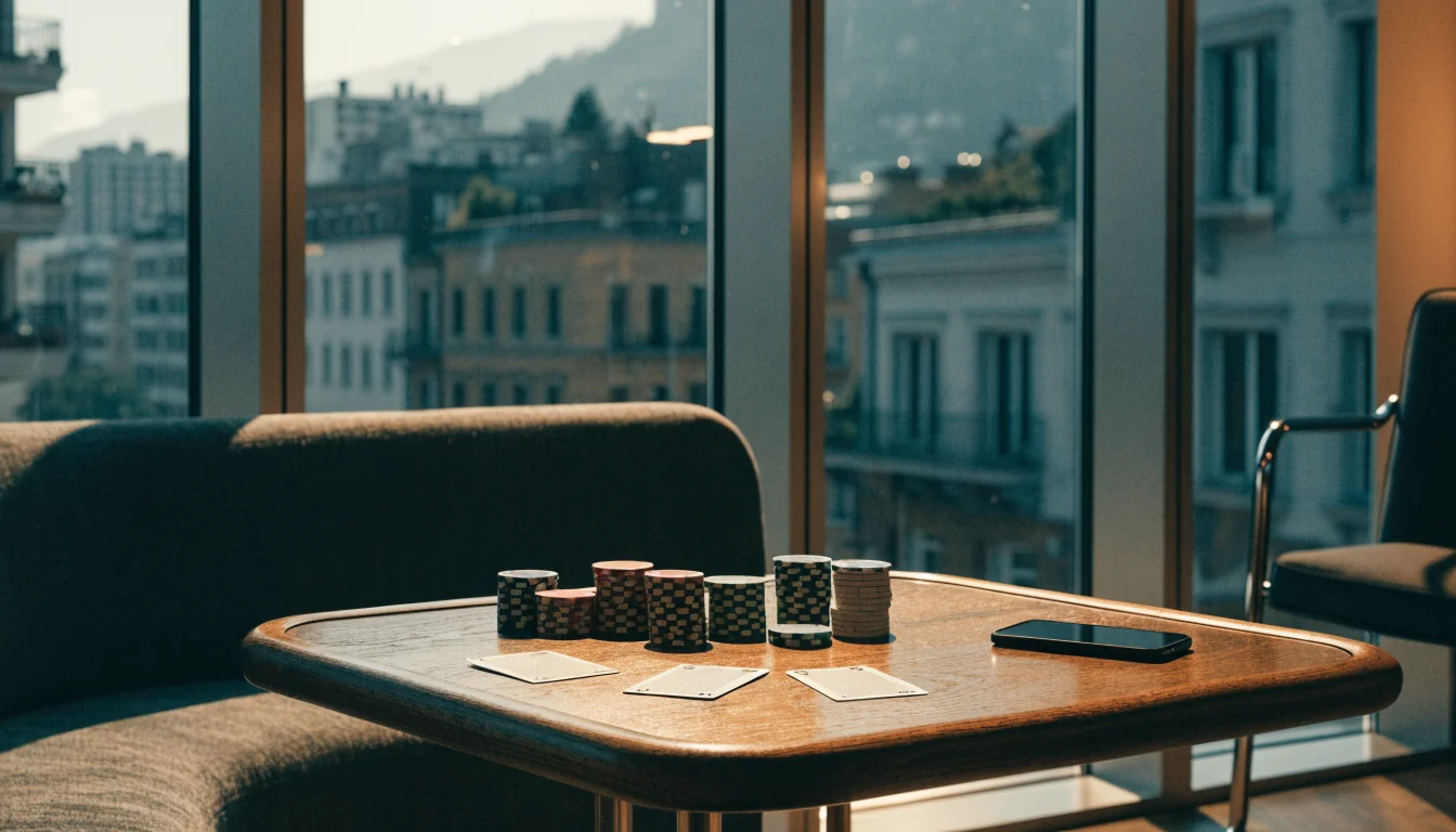 Eleganter Lounge‑Innenraum mit Spielchips und verdecktem Smartphone