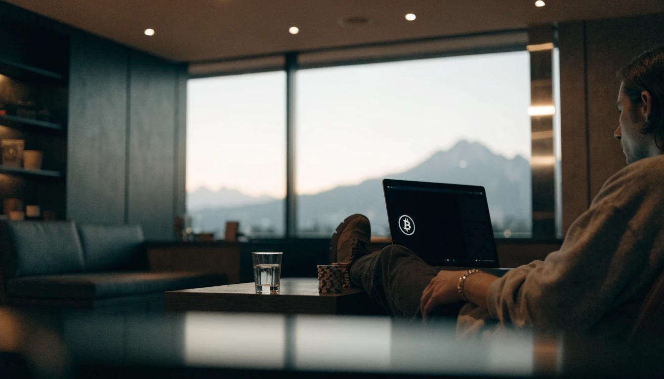 Schweizer Lounge mit gedämpfter Beleuchtung und Laptop, Bitcoin‑Wallet im Hintergrund