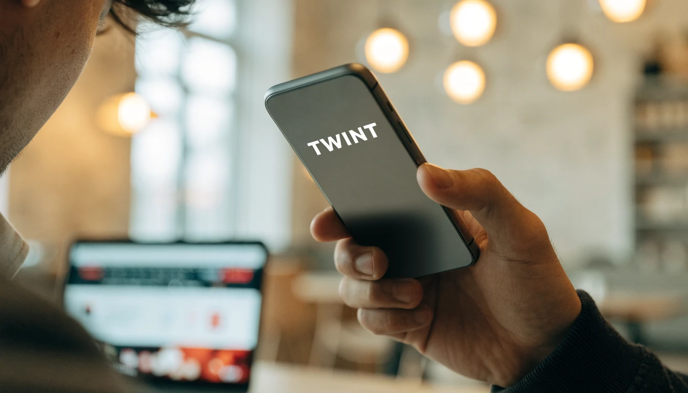 Junger Mann bestätigt TWINT‑Zahlung in Café, Laptop im Hintergrund