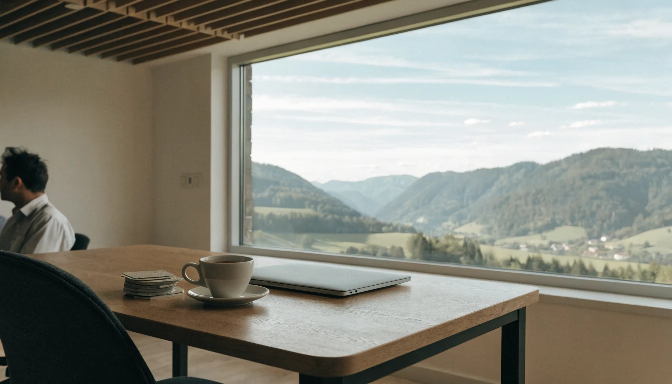 Schweizer Büro mit Laptop, Kaffee und Spielchips, vertrauensvolle Atmosphäre