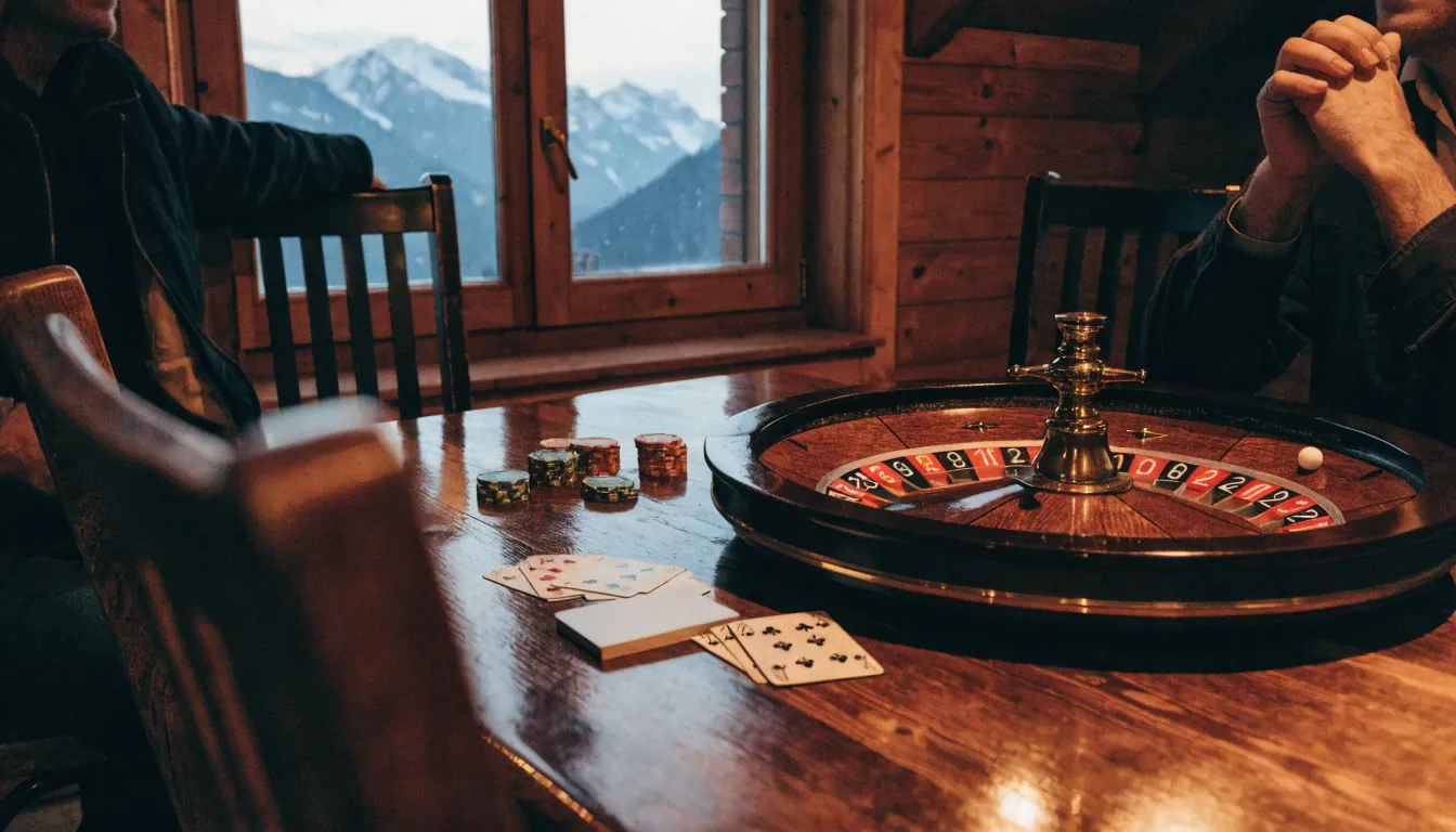 Gemütliche Chalet-Interieur mit Casino‑Zubehör und Alpenblick bei Dämmerlicht