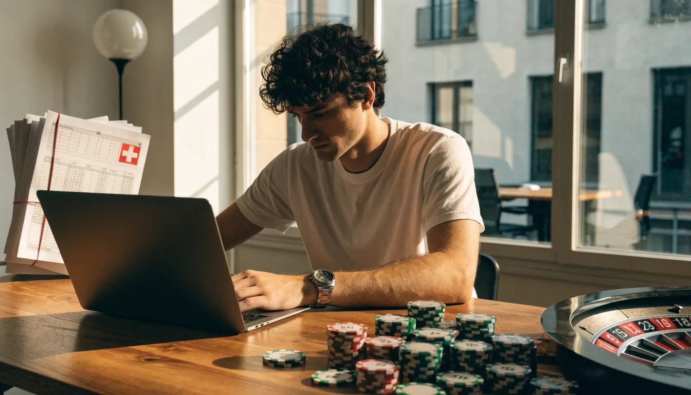 Junger Mann in Schweizer Büro, Chipssätze und Steuerunterlagen neben Laptop.