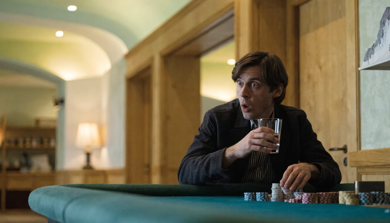 Mann mit Chips an einem eleganten Schweizer Casinotisch, leichte Beleuchtung.