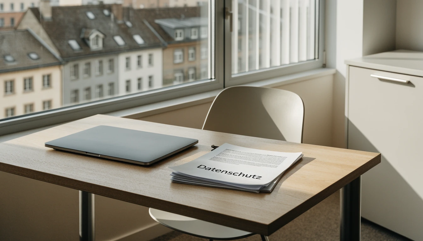 Modernes Schweizer Büro mit Laptop und Datenschutzdokumenten