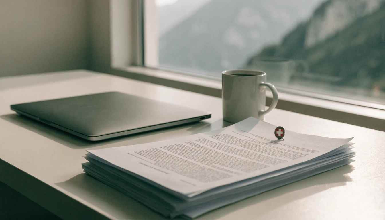 Neuer Schreibtisch mit Dokumenten, Laptop und Alpenblick im Hintergrund