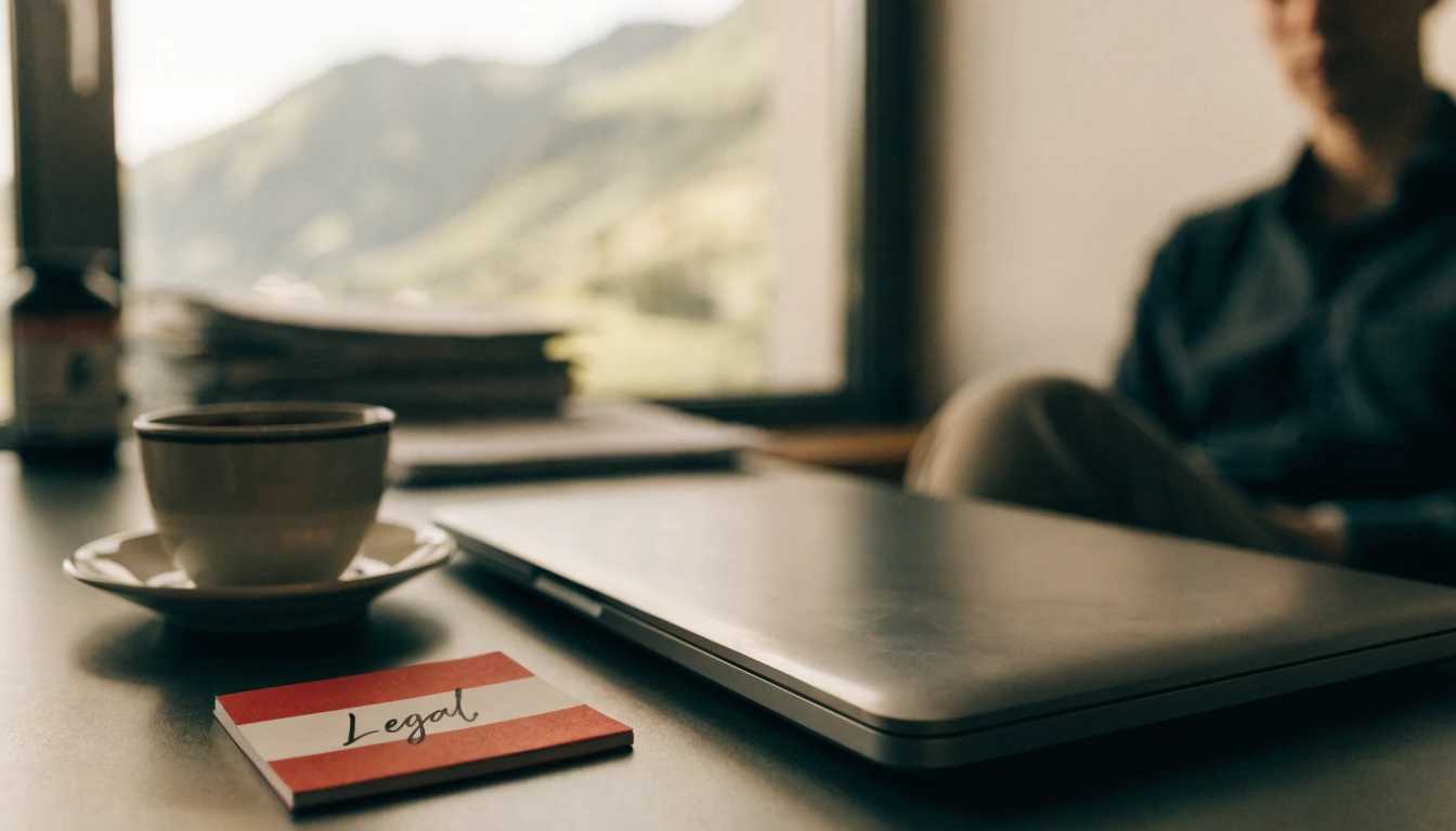Ein Schweizer Schreibtisch mit Laptop, Notizbuch und Alpenblick.