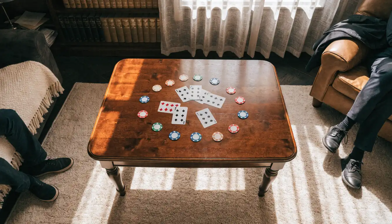 Ein Wohnzimmer mit Spielkarten und Chips auf einem Couchtisch.