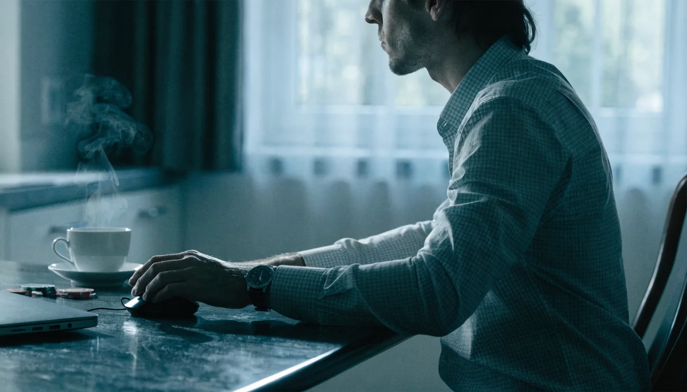 Eine Person überlegt am Küchentisch mit geschlossenen Laptop.