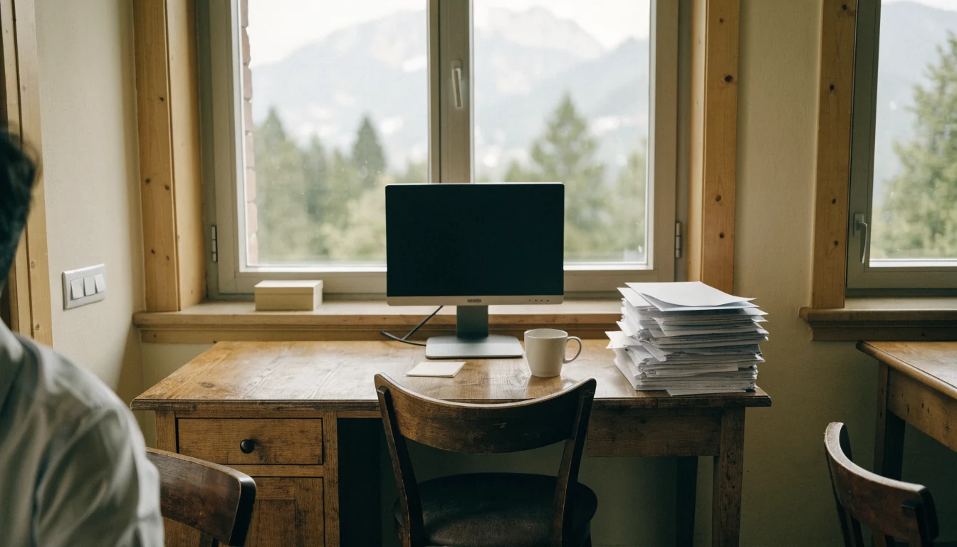 Ein ruhiges Schweizer Büro mit Schreibtisch und Briefen.