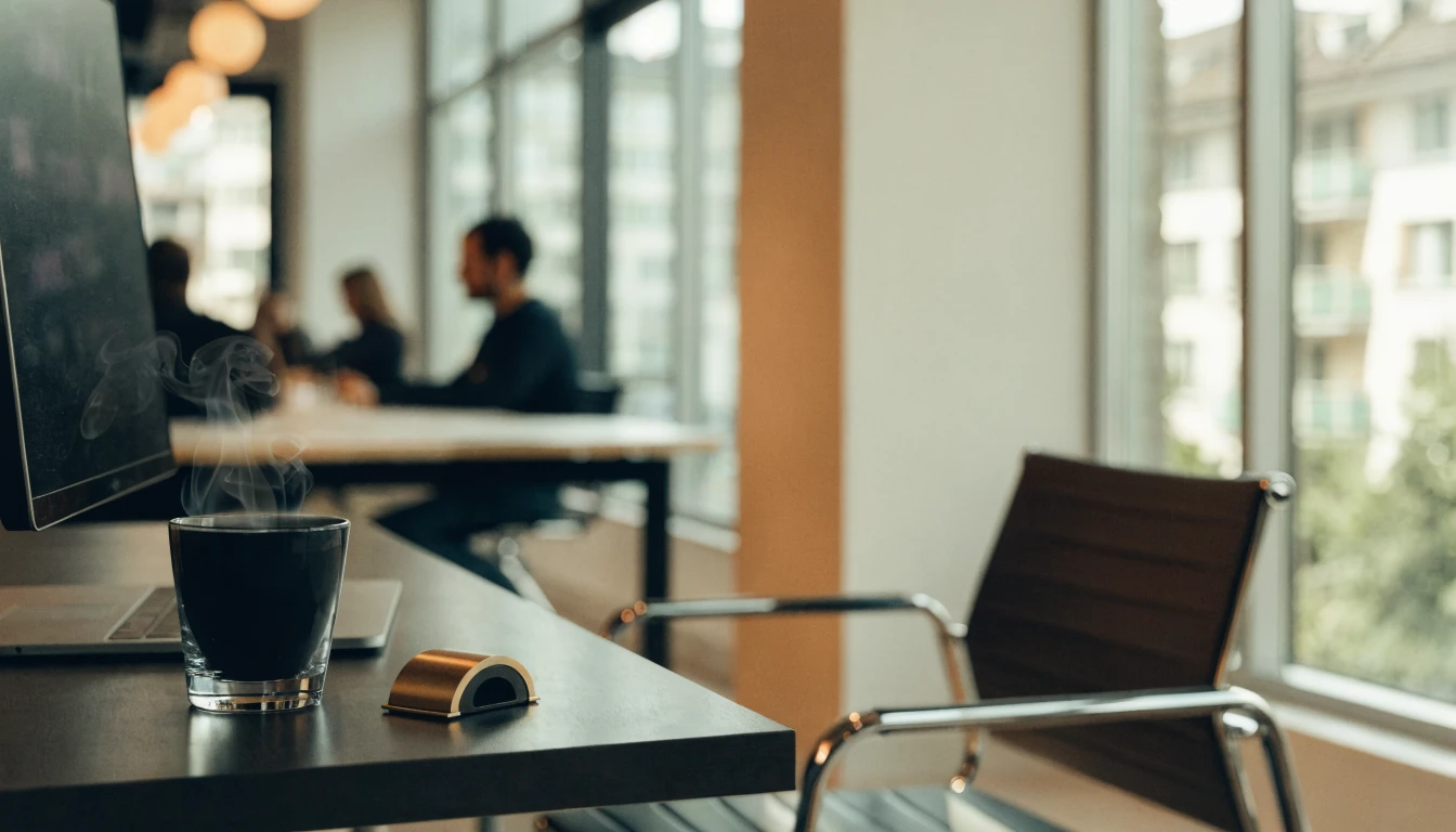 Modern Swiss workspace with coffee and crypto wallet
