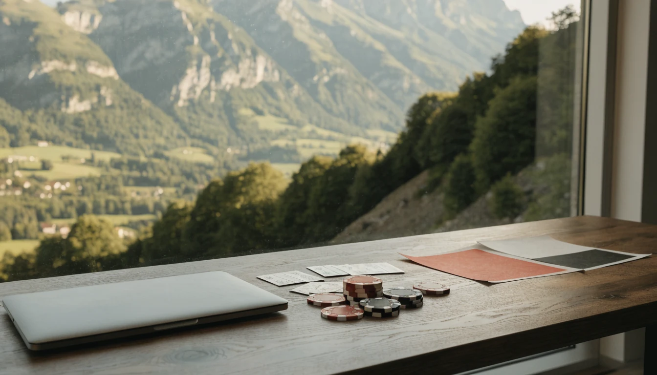 Schweizer Büro mit Casino-Chips und Karten, Fensterblick auf Alpen.
