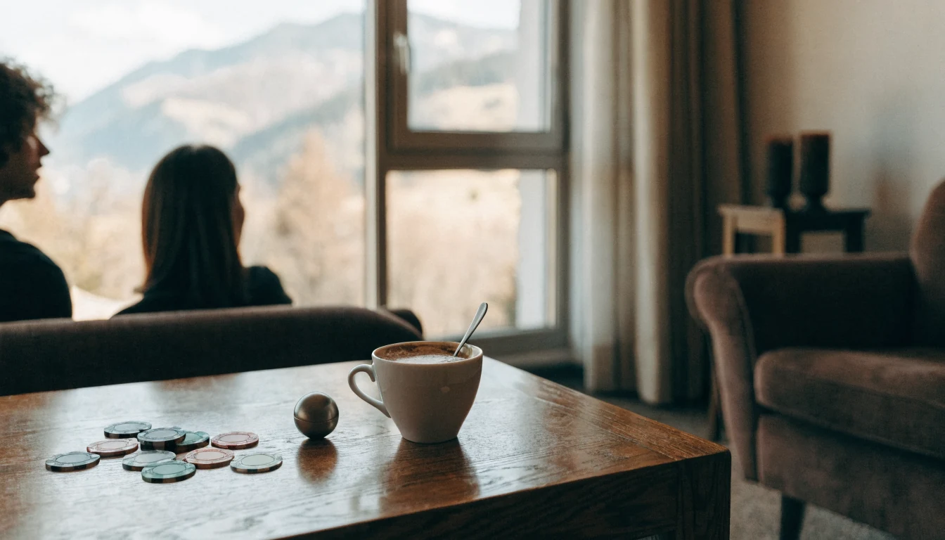 Gemütliche Lounge mit Schokoladenkaffee und Casino-Chips