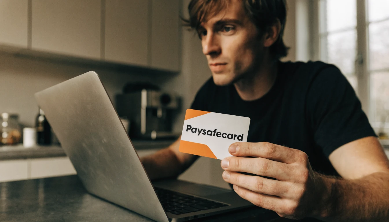 Junger Mann mit Paysafecard am Laptop, gemütliche Küche, warme Beleuchtung