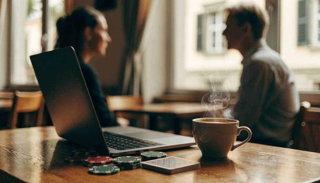 Gemütliche Schweizer Café‑Szene mit Laptop, Chips und Kartenspiel, keine Bildschirmanzeige