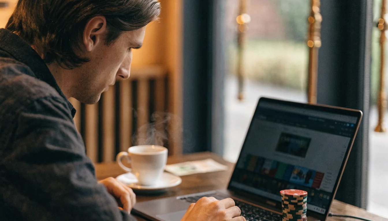 Junger Mann im Schweizer Café, Laptop, Chips und Kaffeeschüssel