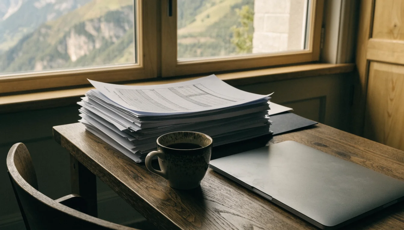 Professionelles Schweizer Büro mit Rechtsdokumenten und Alpenausblick