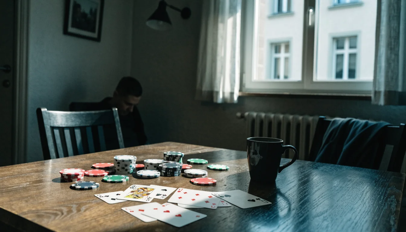 Schweizer Wohnzimmer mit Spielchips und Karten auf Tisch