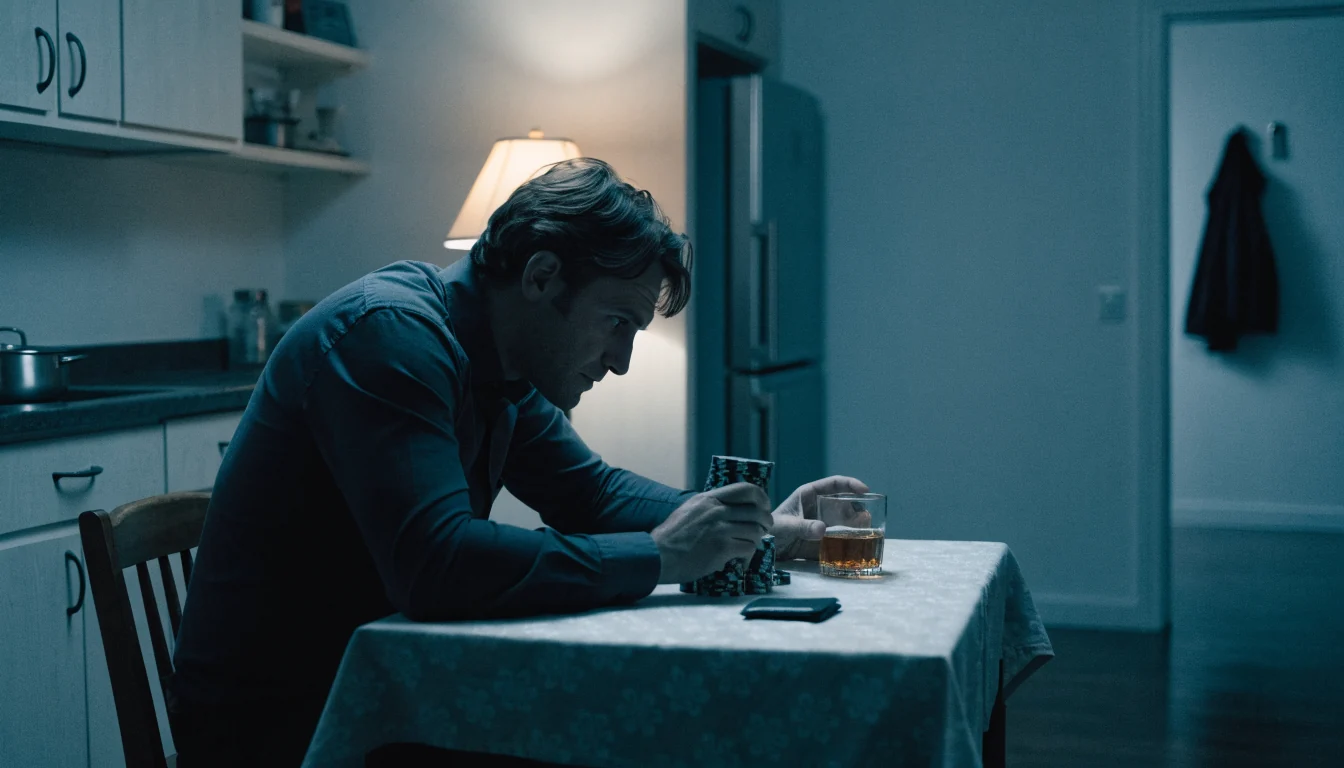 Mann in dunkler Küche hält Spielchips, trinkt Whiskey.